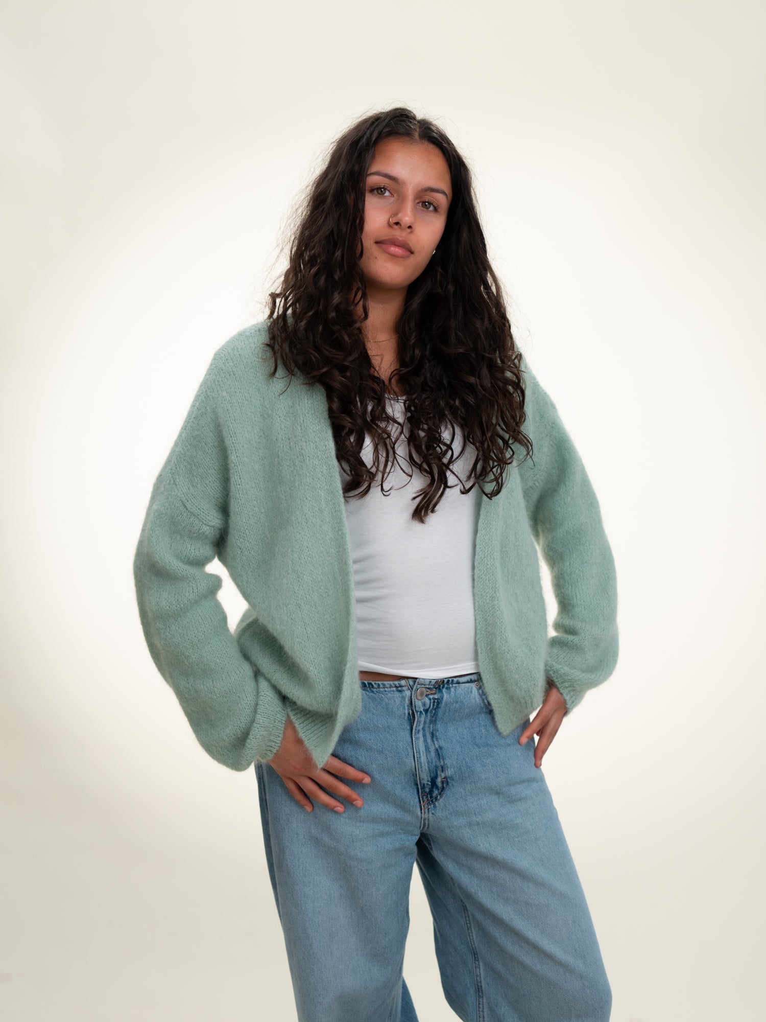 Antonia - Italian Soft Knit Mohair and Wool Blend Open Cardigan Baby Blue