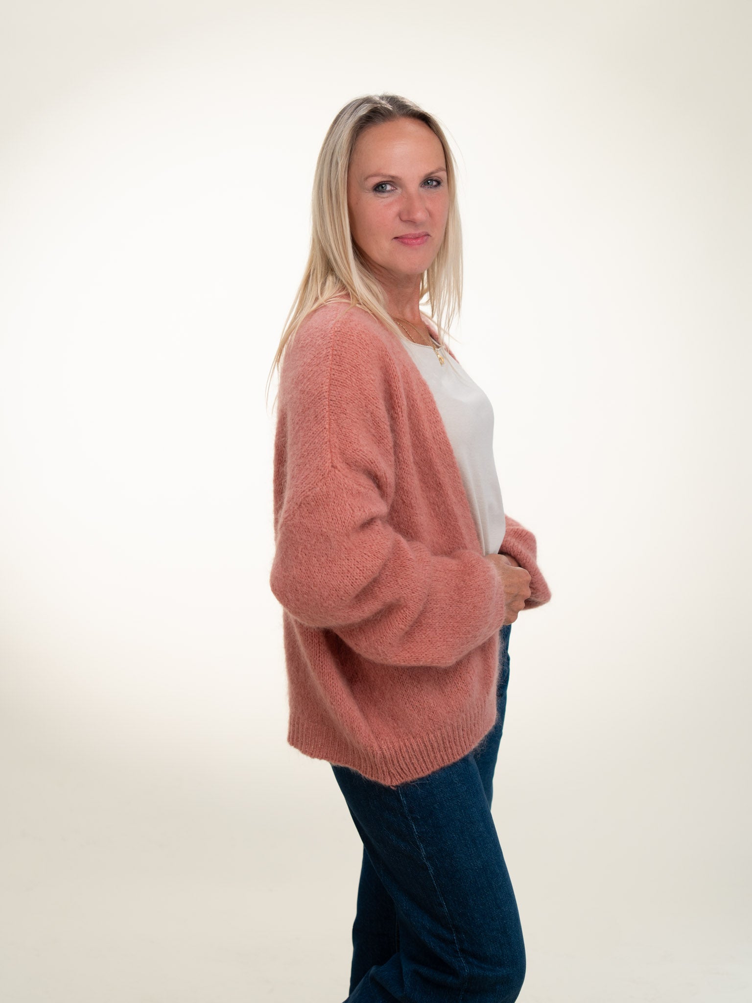 Antonia - Italian Soft Knit Mohair and Wool Blend Open Cardigan Powder Rose