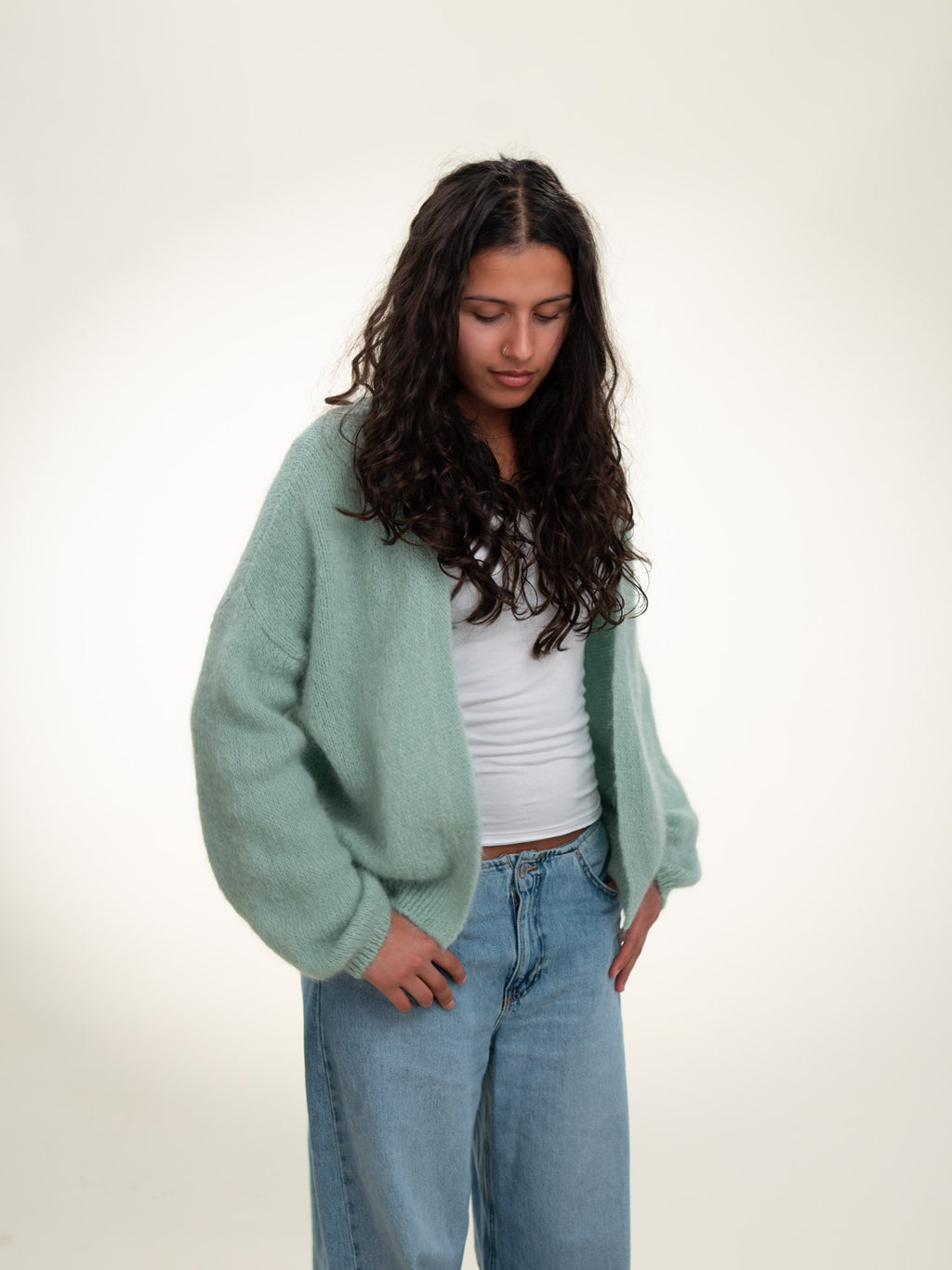 Antonia - Italian Soft Knit Mohair and Wool Blend Open Cardigan Sage Green