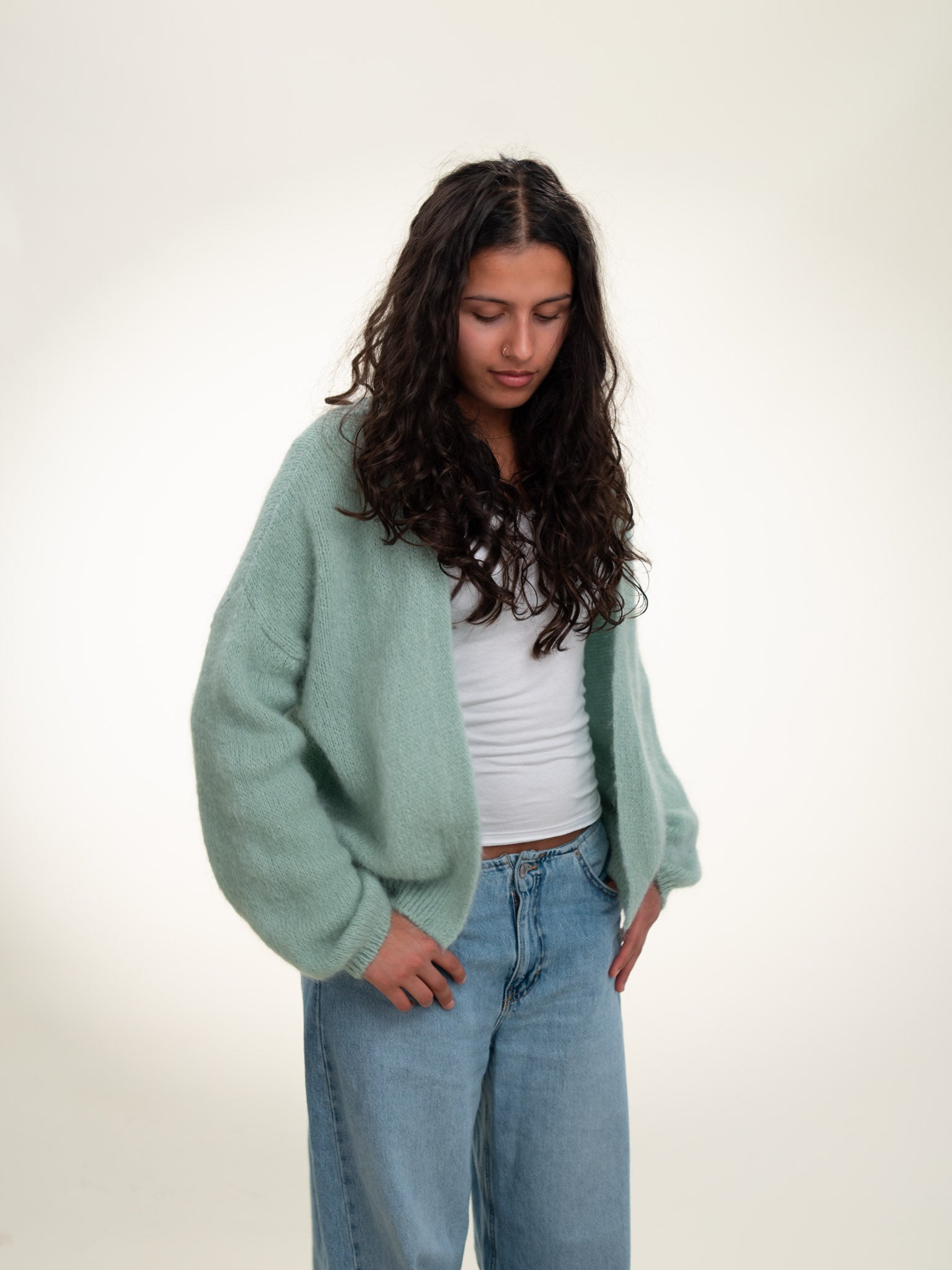 Antonia - Italian Soft Knit Mohair and Wool Blend Open Cardigan Sage Green
