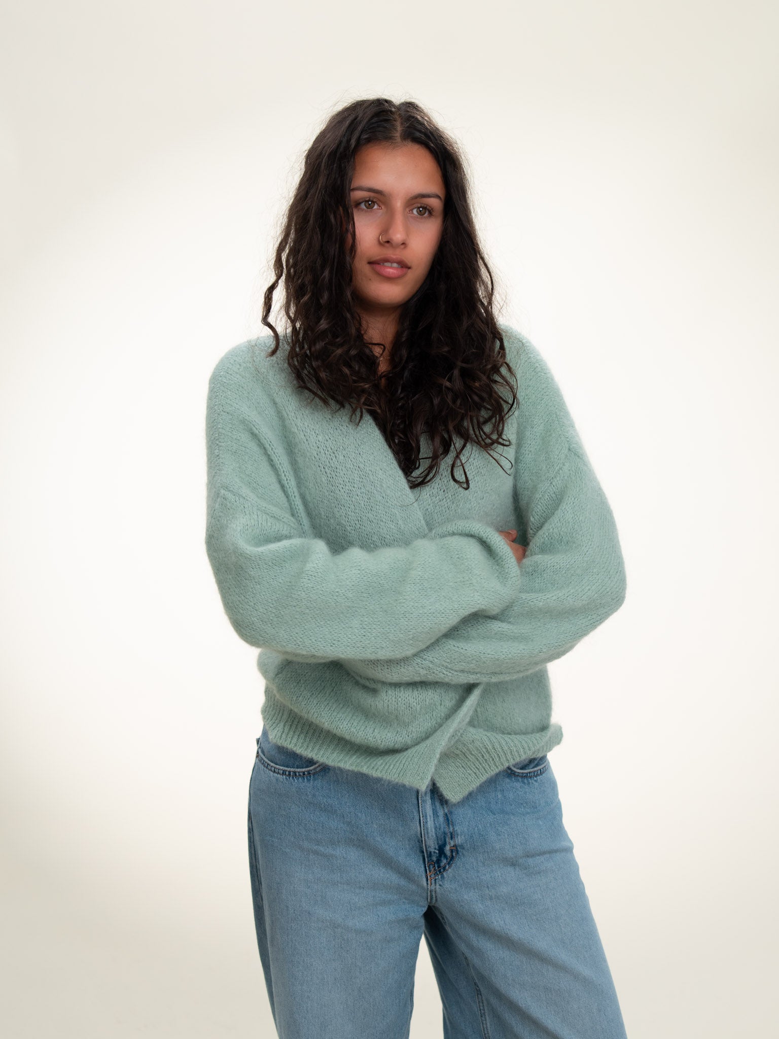 Antonia - Italian Soft Knit Mohair and Wool Blend Open Cardigan Sage Green