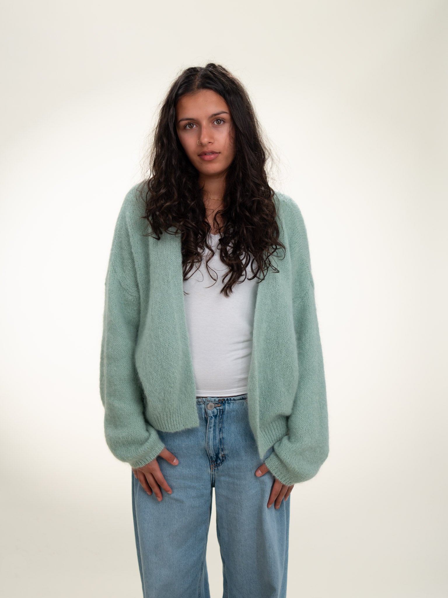 Antonia - Italian Soft Knit Mohair and Wool Blend Open Cardigan Sage Green