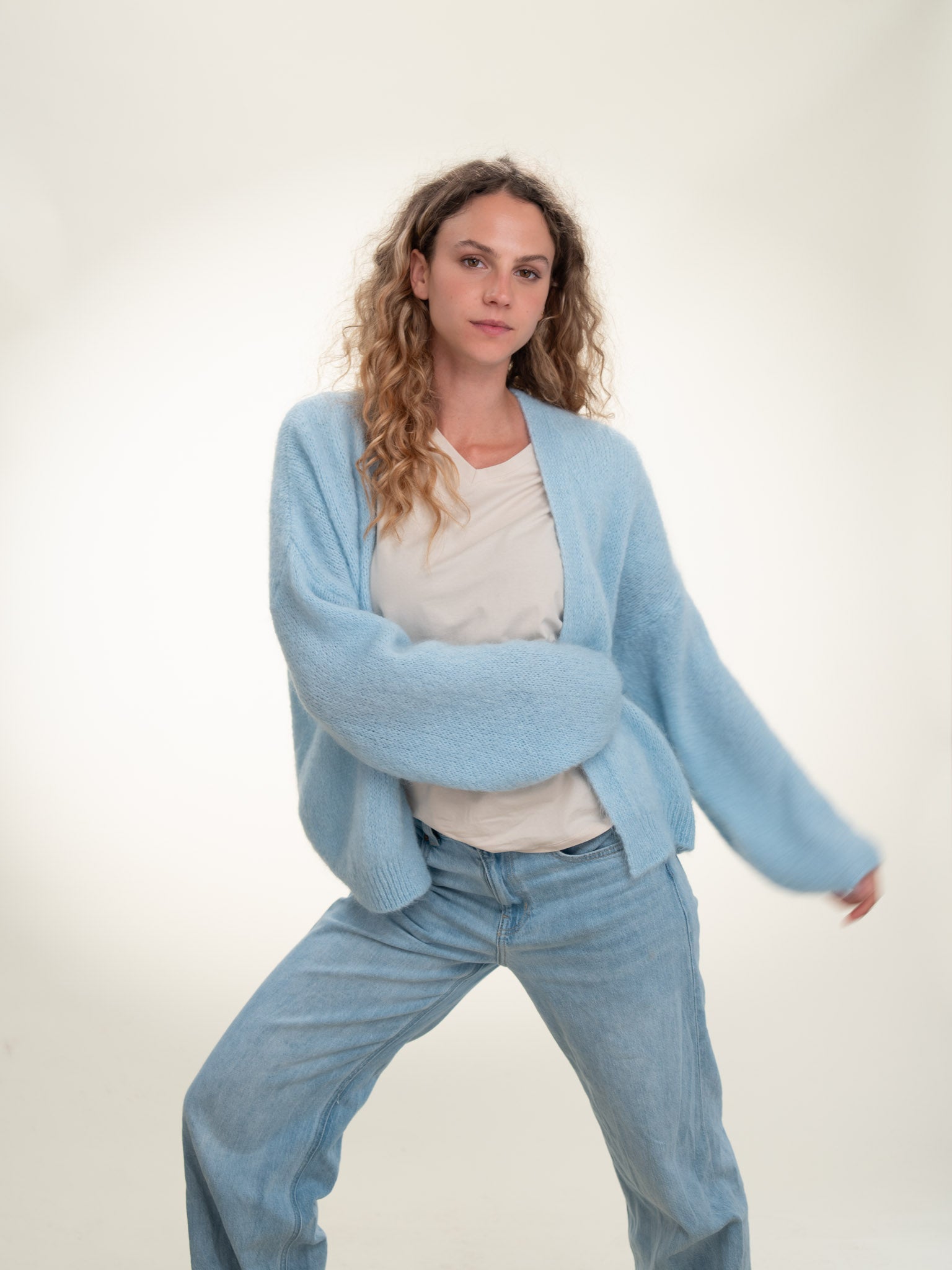Antonia - Italian Soft Knit Mohair and Wool Blend Open Cardigan Baby Blue