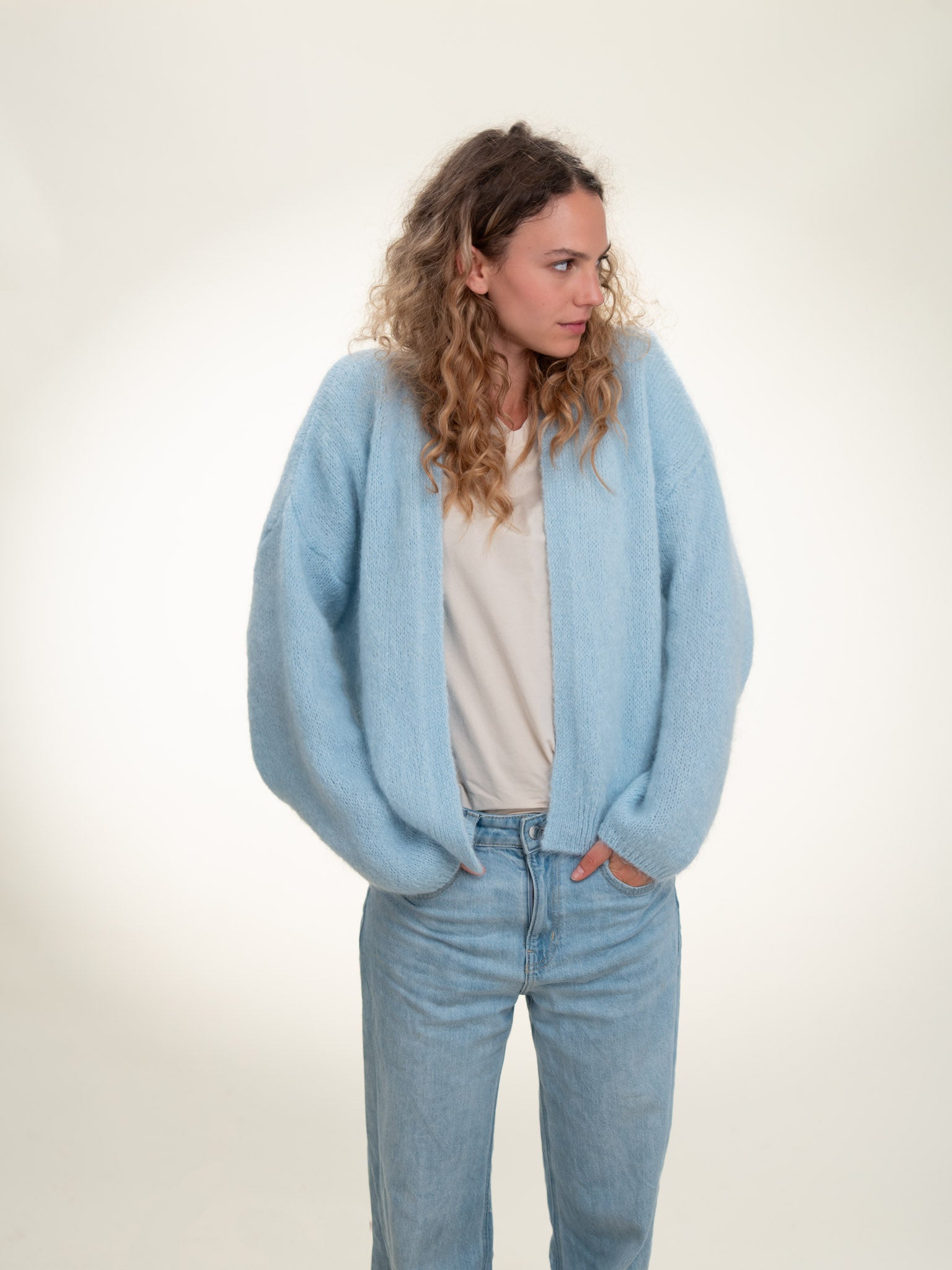 Antonia - Italian Soft Knit Mohair and Wool Blend Open Cardigan Baby Blue