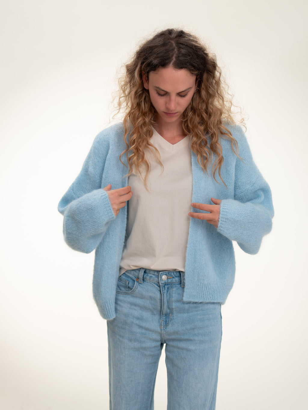 Antonia - Italian Soft Knit Mohair and Wool Blend Open Cardigan Baby Blue