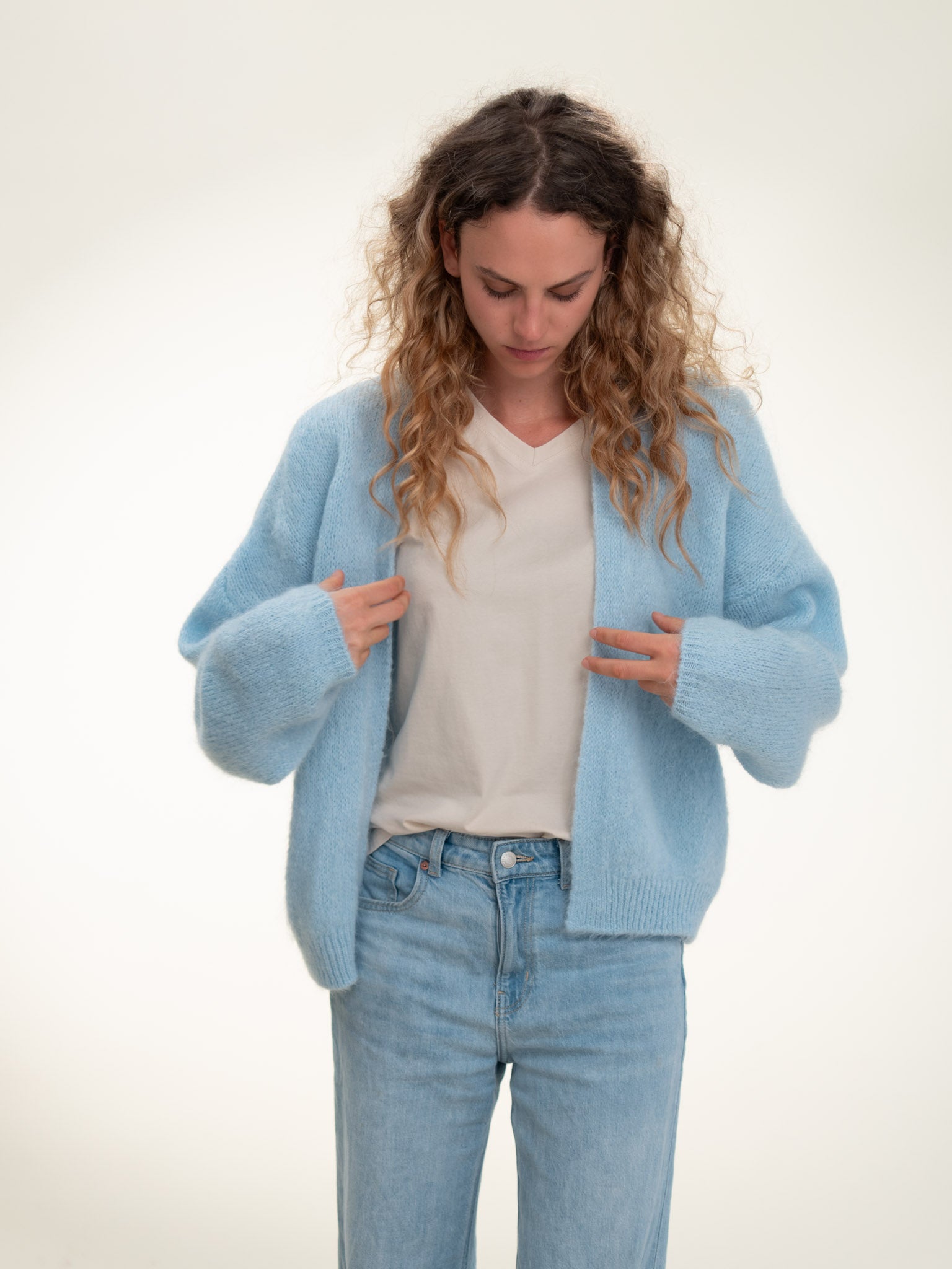 Antonia - Italian Soft Knit Mohair and Wool Blend Open Cardigan Baby Blue