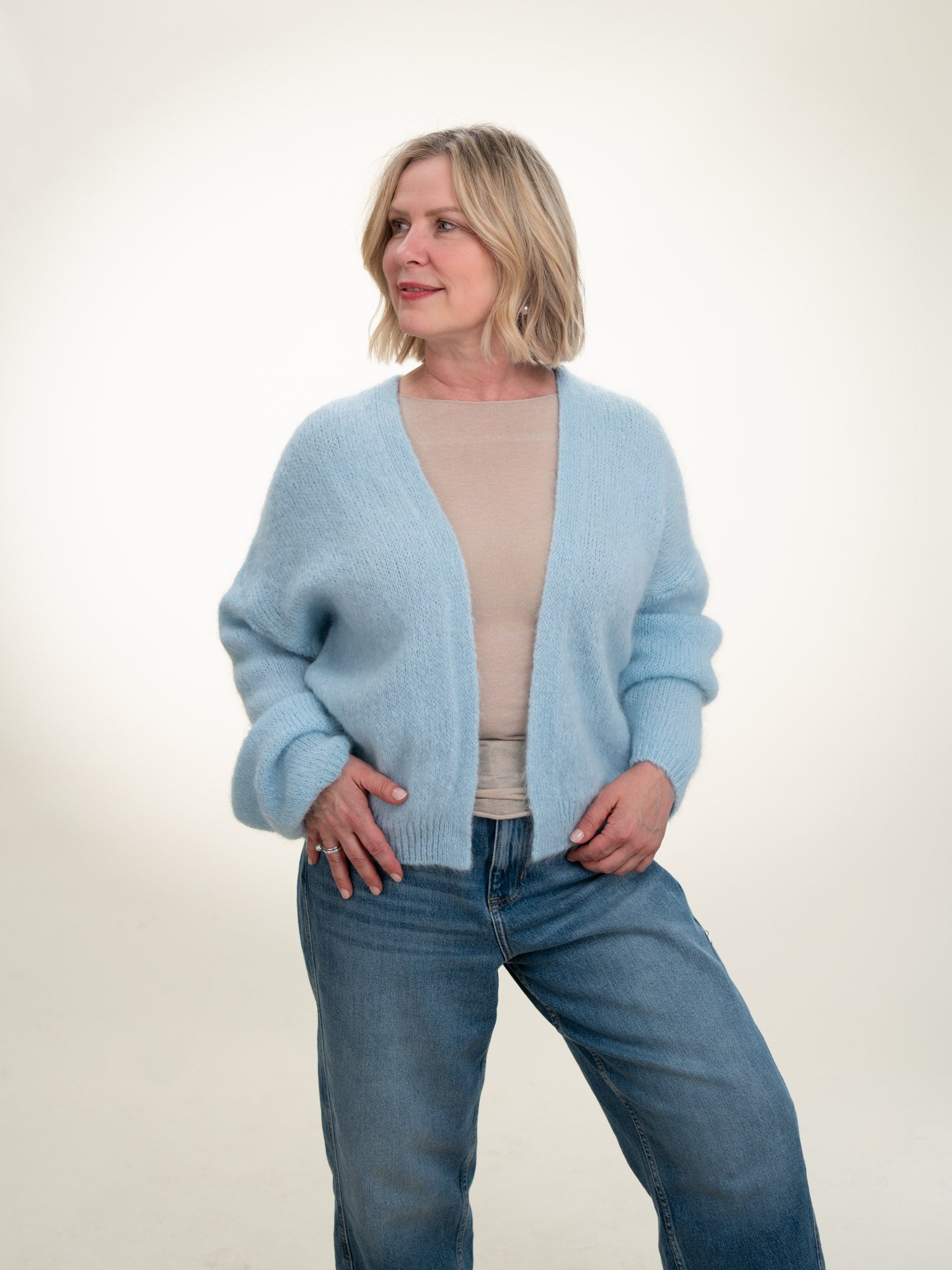 Antonia - Italian Soft Knit Mohair and Wool Blend Open Cardigan Baby Blue