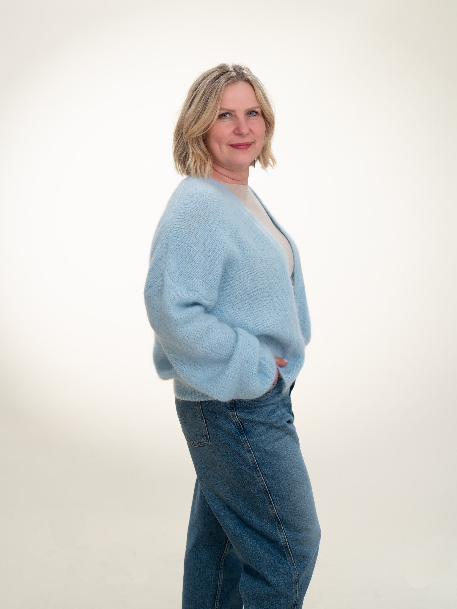 Antonia - Italian Soft Knit Mohair and Wool Blend Open Cardigan Baby Blue