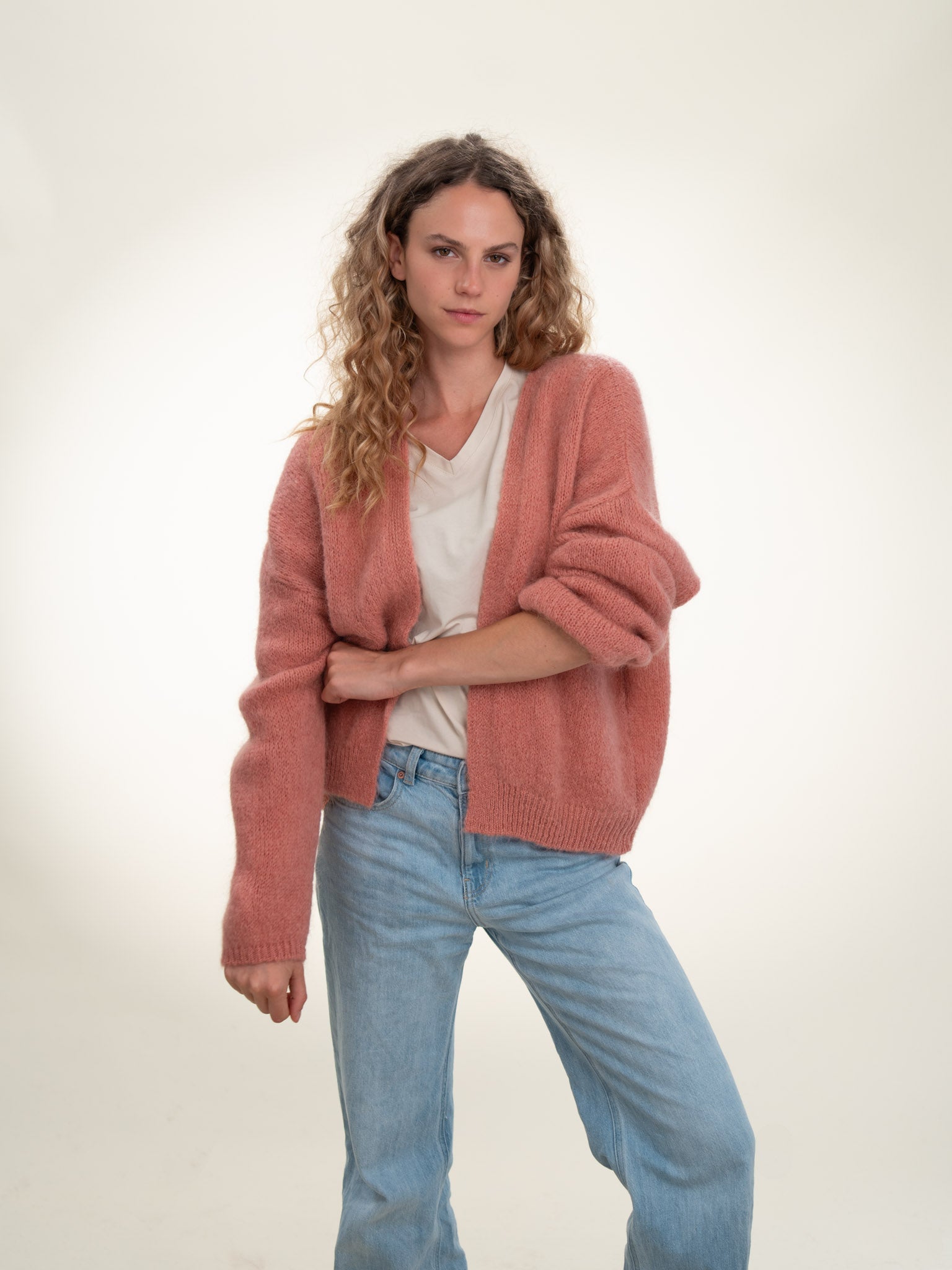 Antonia - Italian Soft Knit Mohair and Wool Blend Open Cardigan Powder Rose