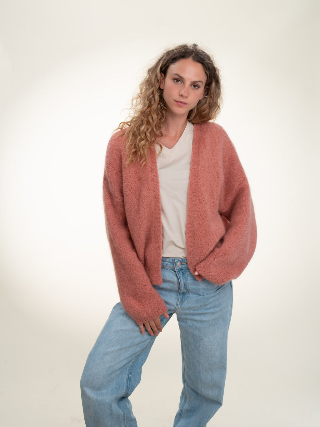 Antonia - Italian Soft Knit Mohair and Wool Blend Open Cardigan Powder Rose