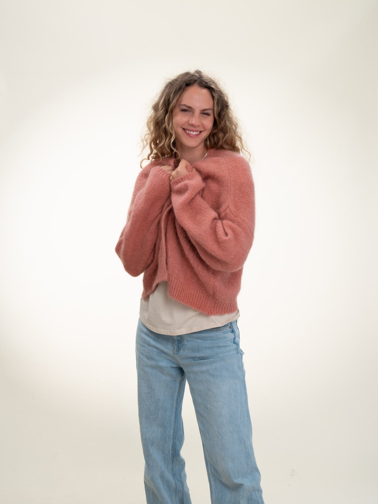 Antonia - Italian Soft Knit Mohair and Wool Blend Open Cardigan Powder Rose