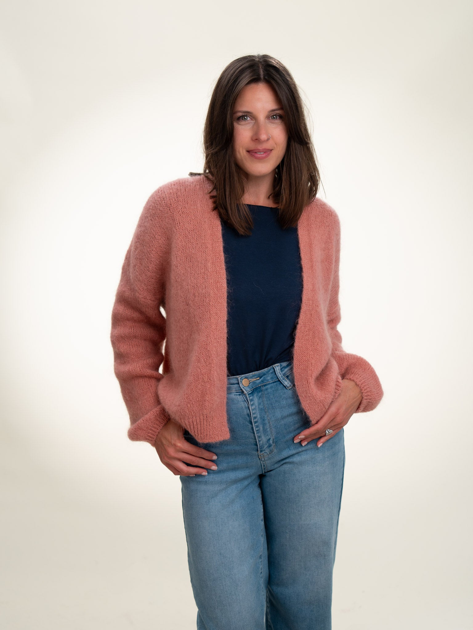 Antonia - Italian Soft Knit Mohair and Wool Blend Open Cardigan Powder Rose