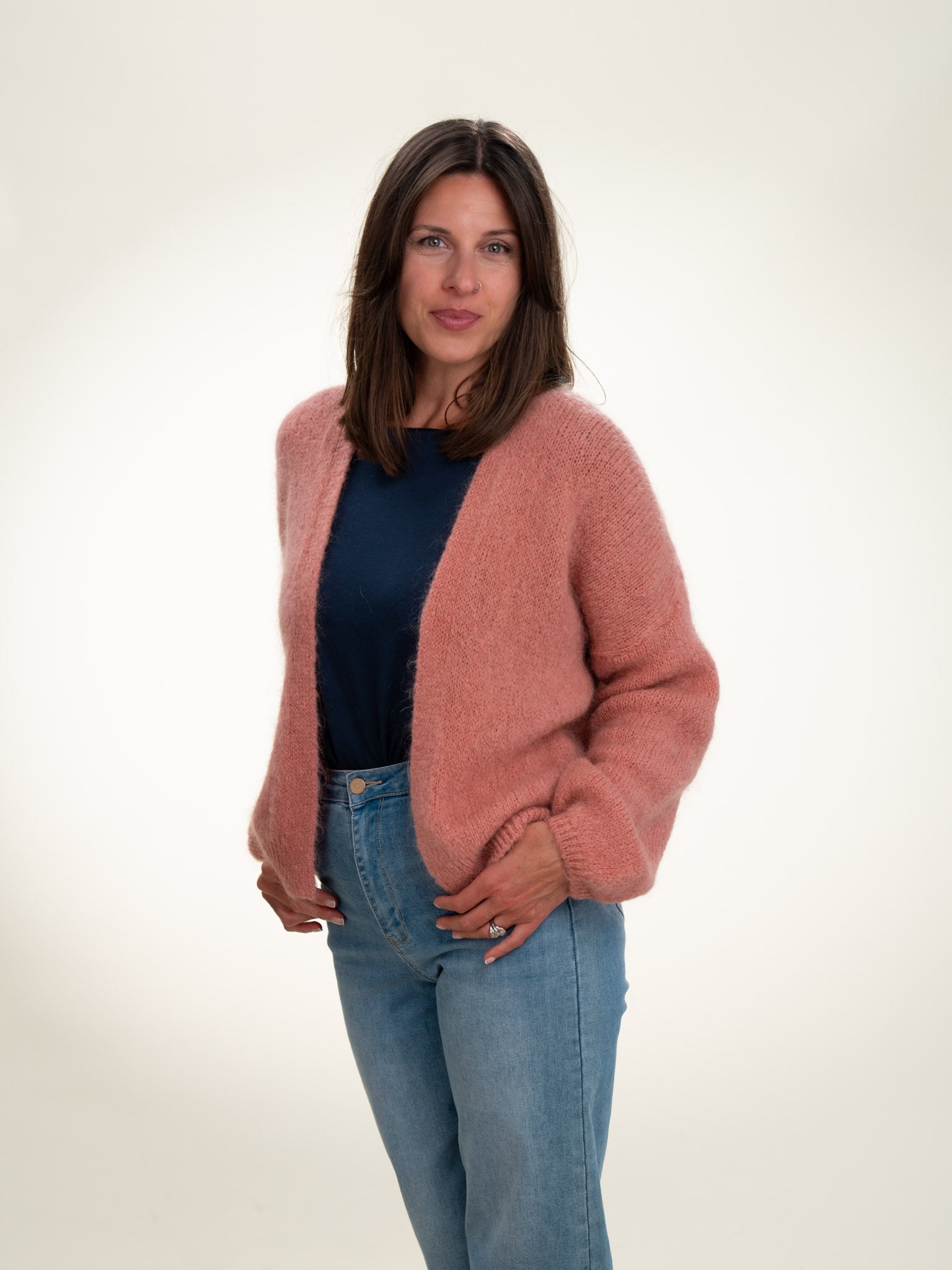 Antonia - Italian Soft Knit Mohair and Wool Blend Open Cardigan Powder Rose